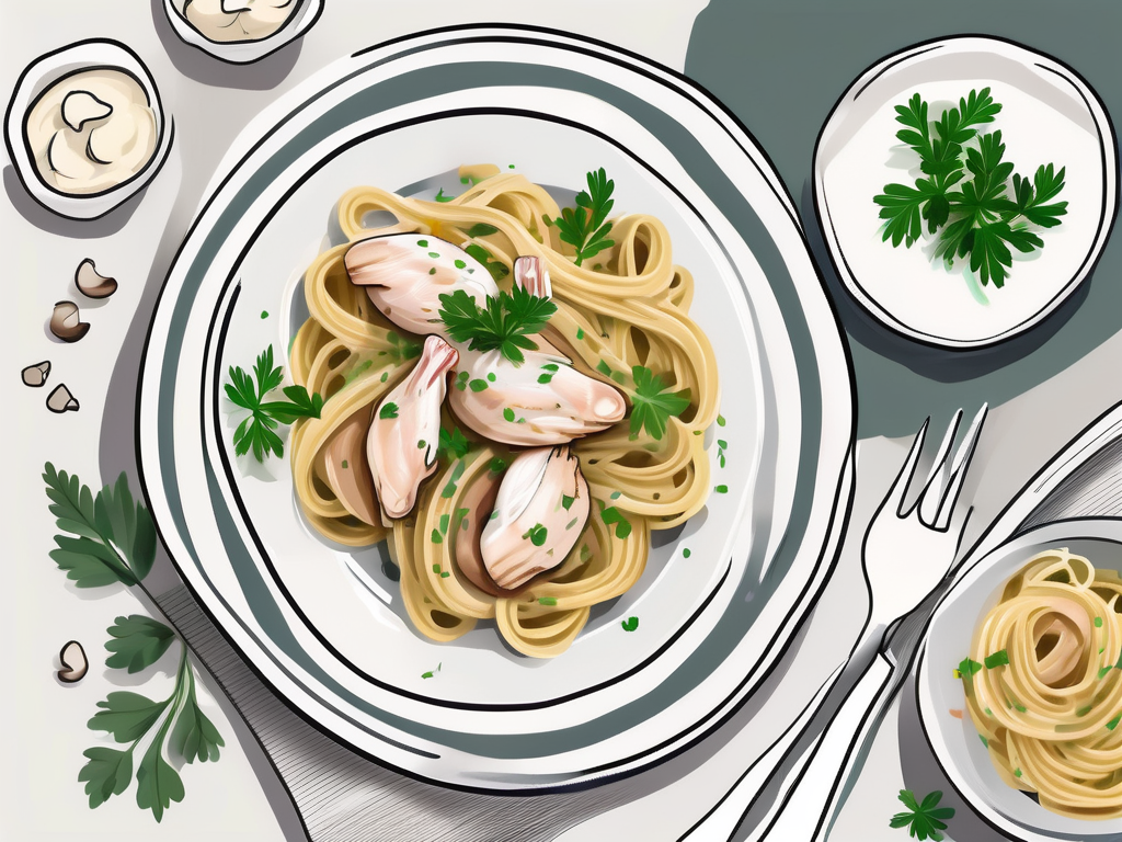 A dish filled with creamy garlic herb pasta