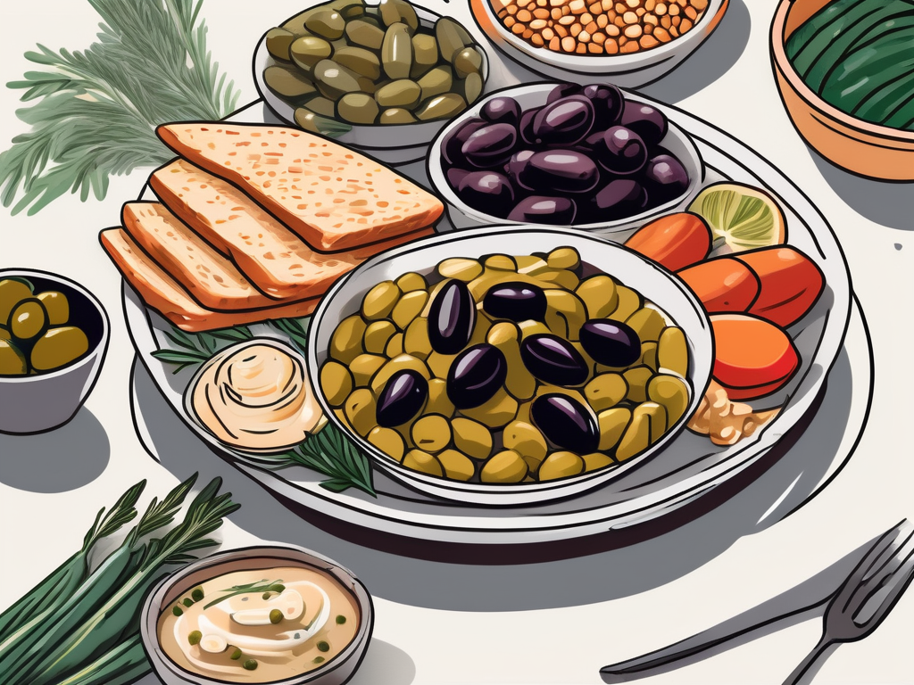 A table filled with colorful mediterranean foods like olives