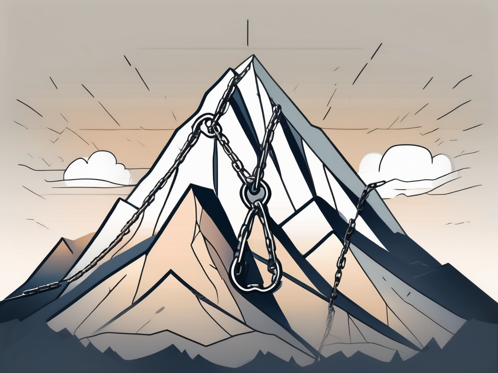 A mountain peak with a broken chain symbolizing the overcoming of workout plateaus